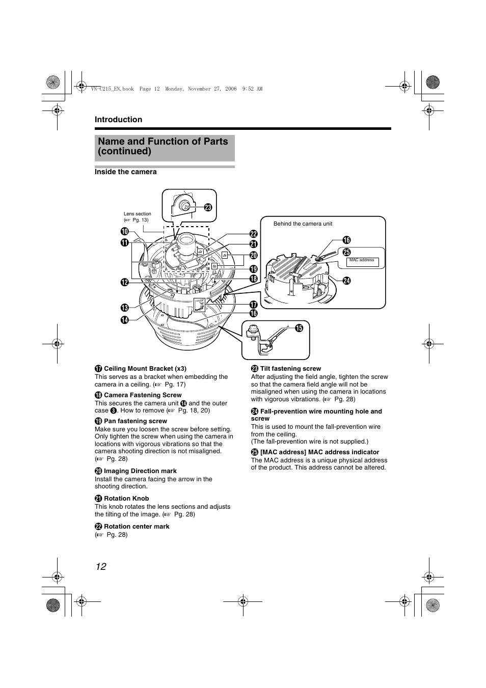 Name and function of parts (continued) | JVC DOME CAMERA VN-C215V4U User Manual | Page 12 / 48