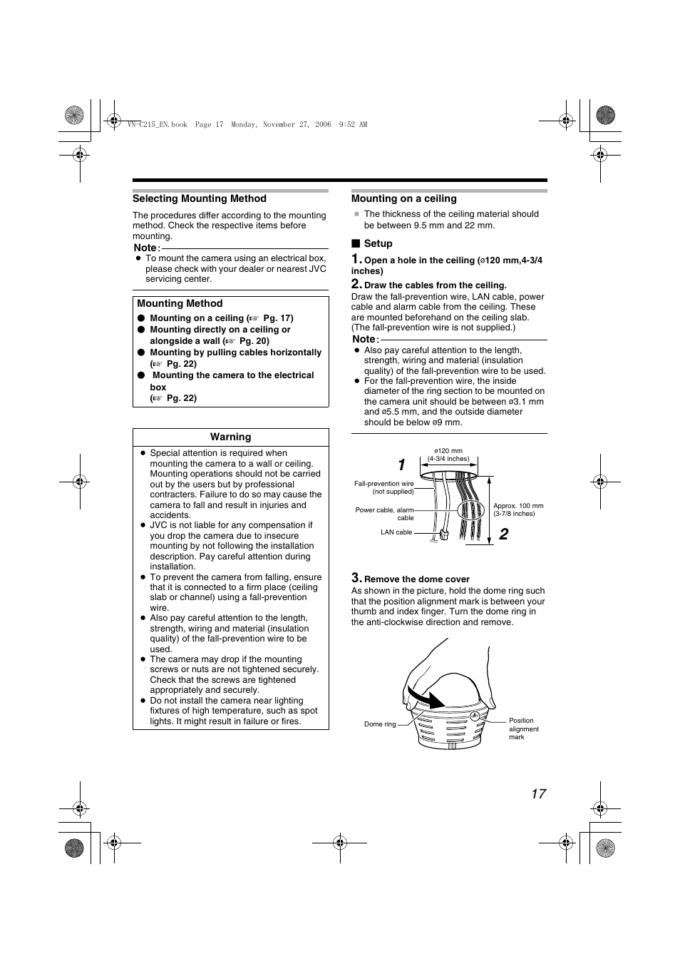 Mounting on a ceiling, A pg. 17, Emounting on a ceilingf | A pg. 17) | JVC DOME CAMERA VN-C215V4U User Manual | Page 17 / 48