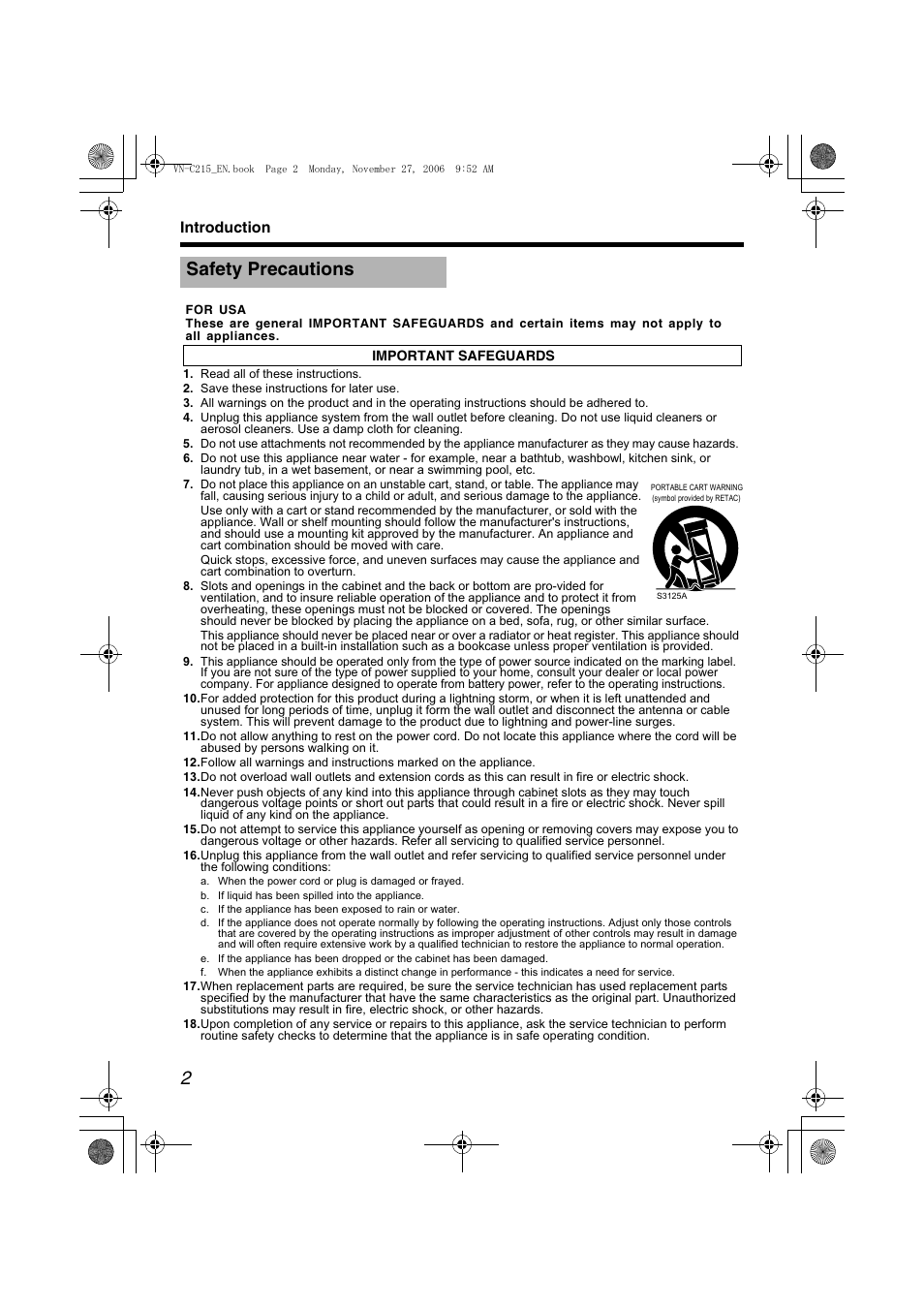 Introduction, Safety precautions | JVC DOME CAMERA VN-C215V4U User Manual | Page 2 / 48