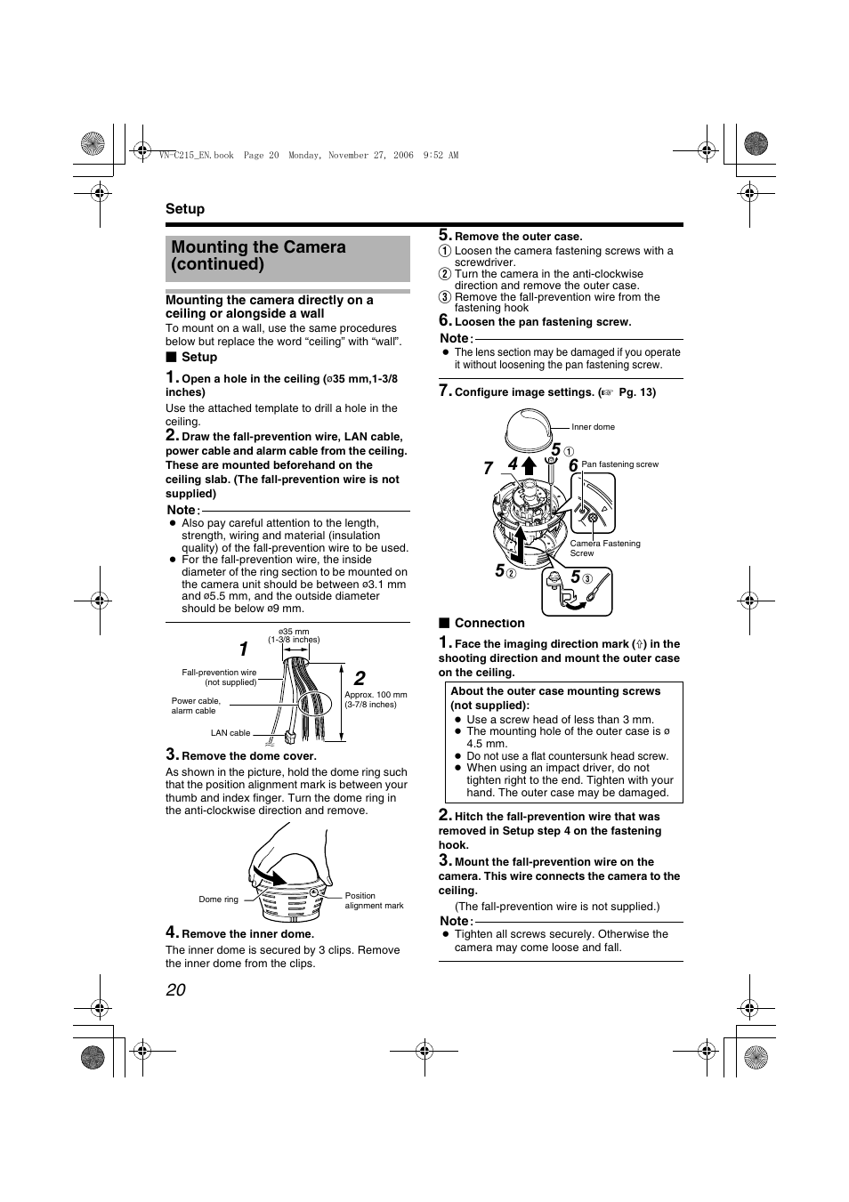 Mounting the camera directly on a, Ceiling or alongside a wall, A pg. 20) | Mounting the camera (continued) | JVC DOME CAMERA VN-C215V4U User Manual | Page 20 / 48