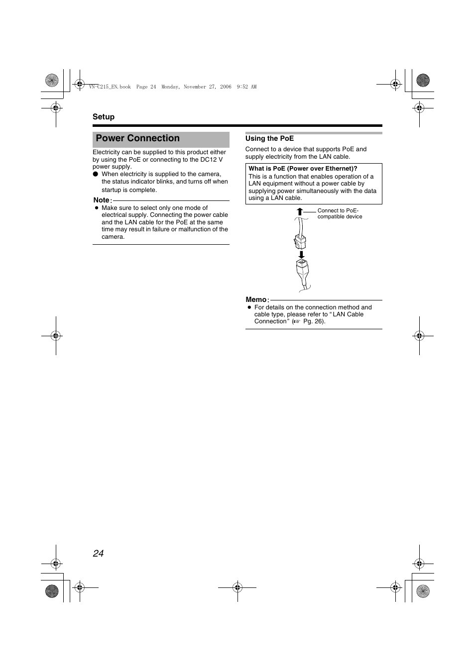 Power connection, Using the poe, A pg. 24, 25) | A pg. 24, A pg. 24) | JVC DOME CAMERA VN-C215V4U User Manual | Page 24 / 48