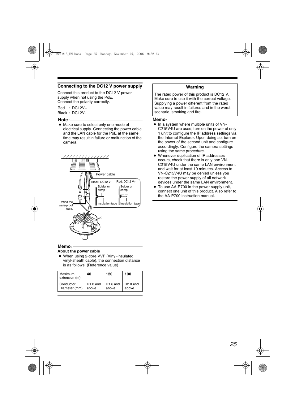 Connecting to the dc12 v power supply, Connecting to the dc12 v, Power supply | JVC DOME CAMERA VN-C215V4U User Manual | Page 25 / 48