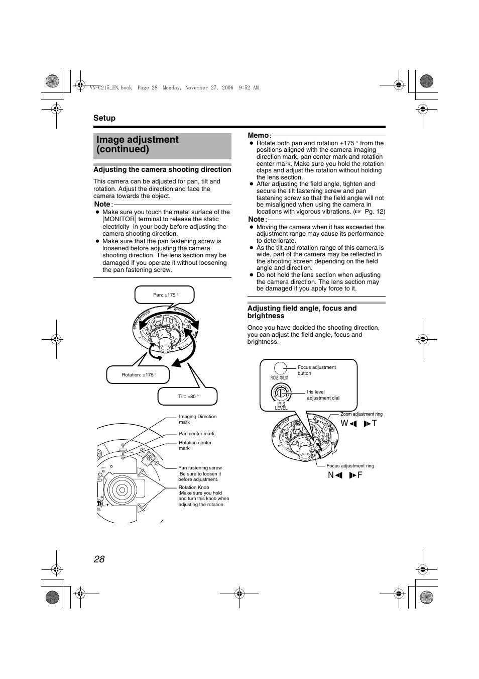 A pg. 28), Image adjustment (continued), Nf w t | Setup | JVC DOME CAMERA VN-C215V4U User Manual | Page 28 / 48