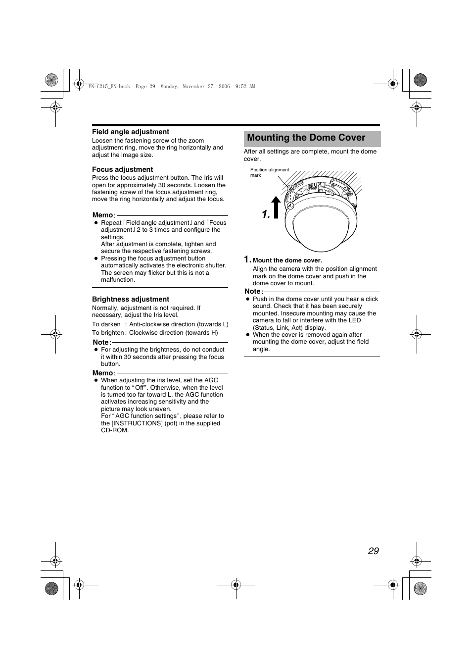 Mounting the dome cover, A pg. 29), A pg.29 | Emounting the dome coverf) | JVC DOME CAMERA VN-C215V4U User Manual | Page 29 / 48