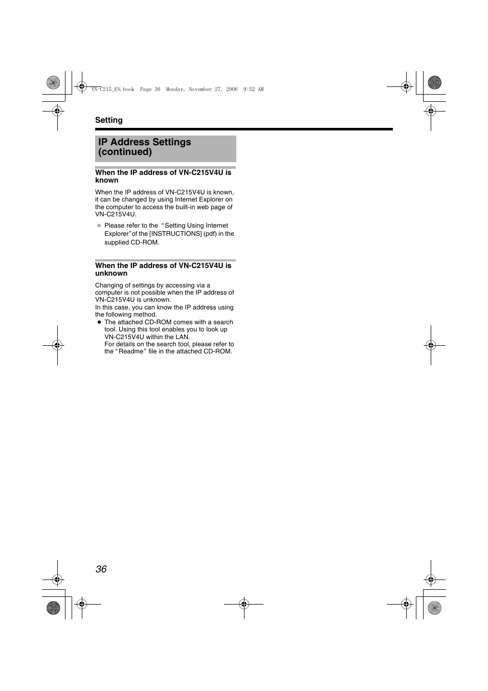 Ip address settings (continued) | JVC DOME CAMERA VN-C215V4U User Manual | Page 36 / 48