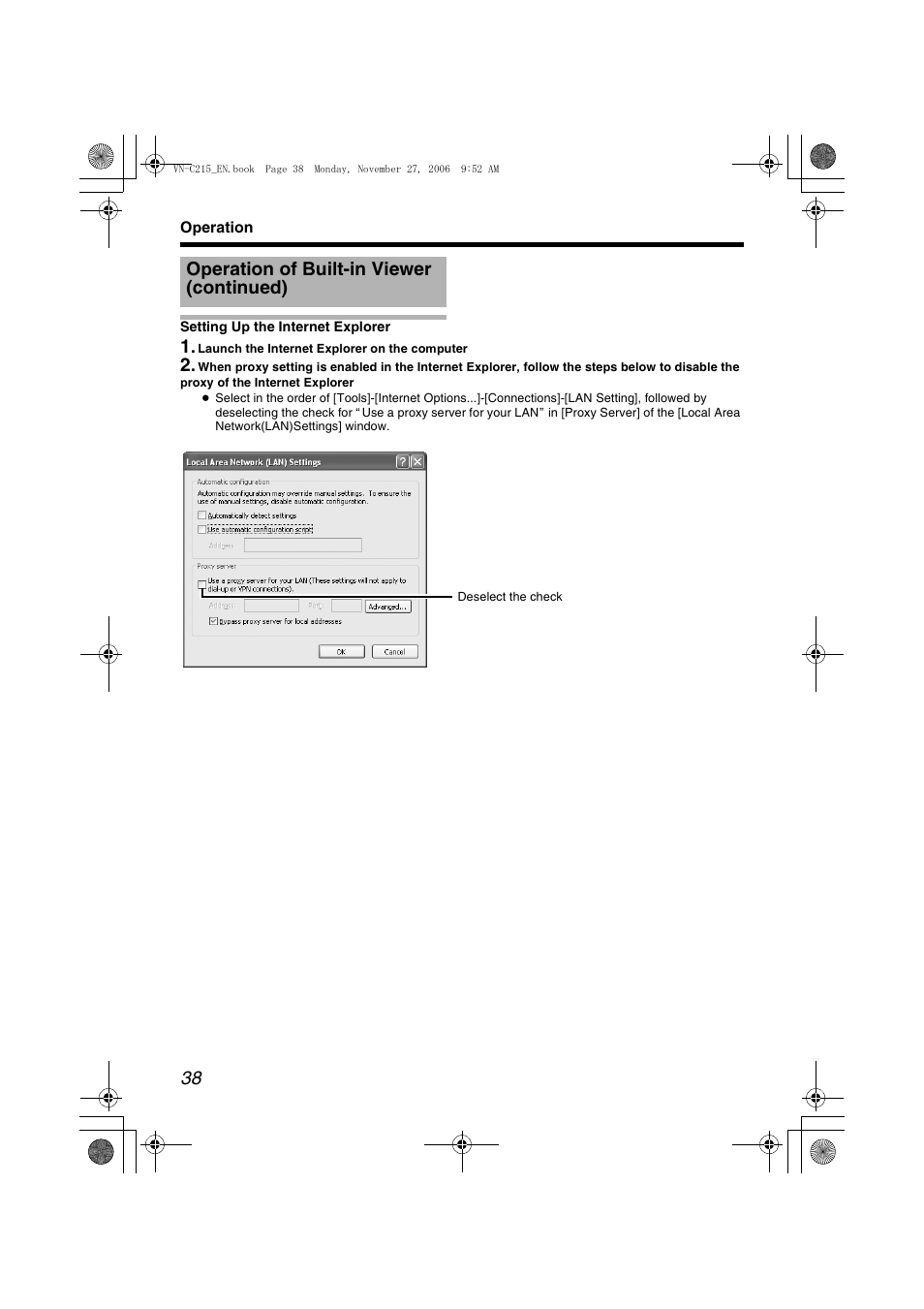 Setting up the internet explorer, A pg. 38), Operation of built-in viewer (continued) | JVC DOME CAMERA VN-C215V4U User Manual | Page 38 / 48