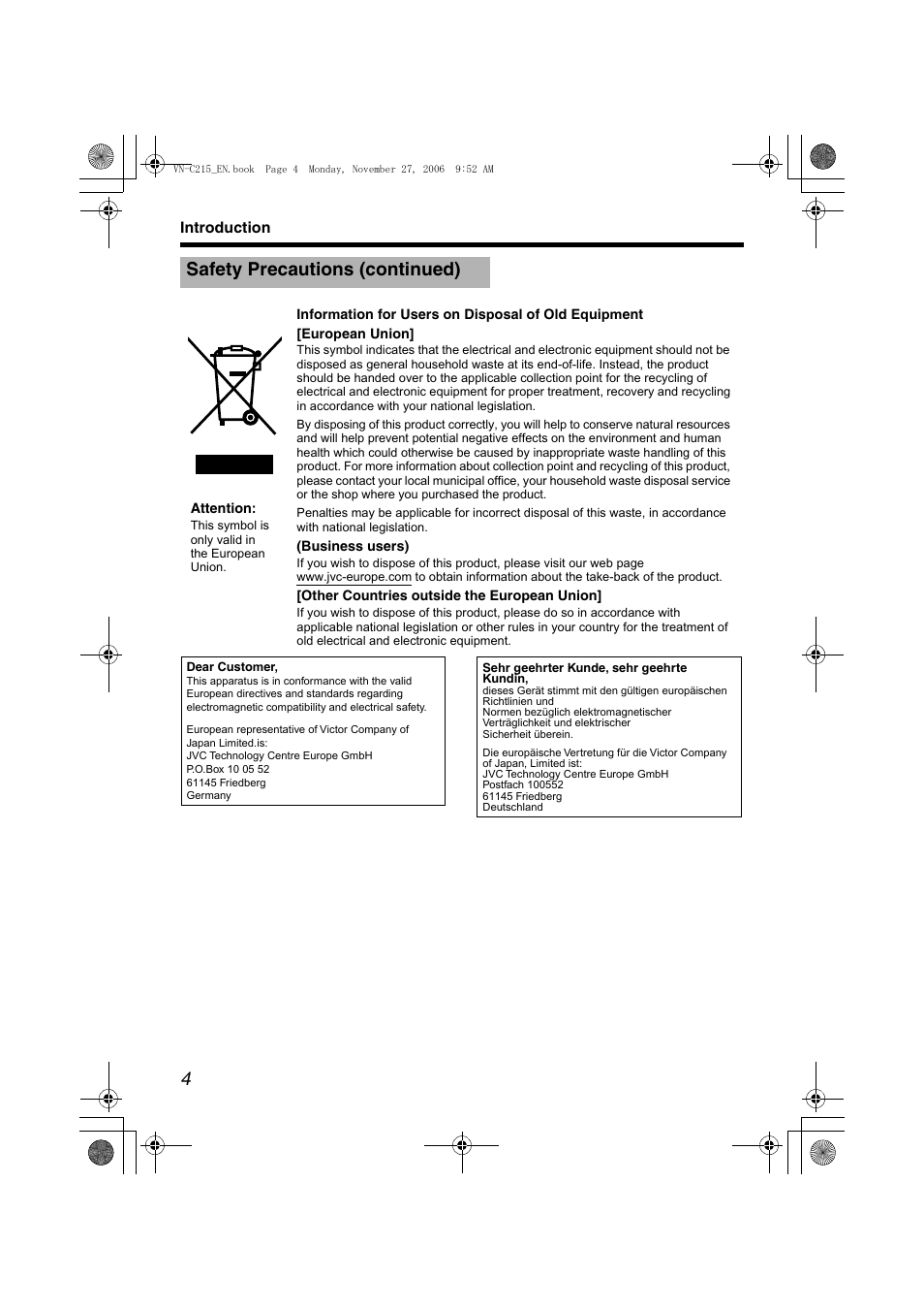 Safety precautions (continued) | JVC DOME CAMERA VN-C215V4U User Manual | Page 4 / 48