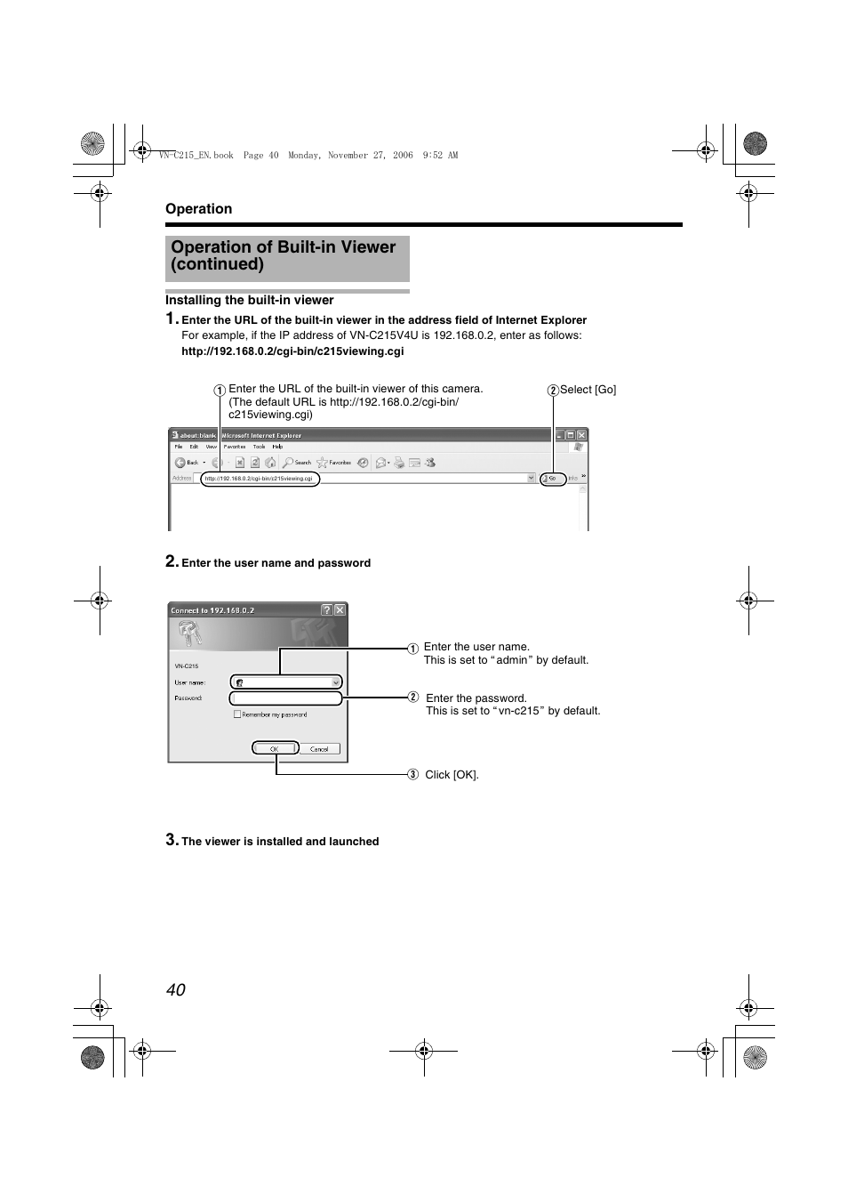 Installing the built-in viewer, A pg. 40), Operation of built-in viewer (continued) | JVC DOME CAMERA VN-C215V4U User Manual | Page 40 / 48