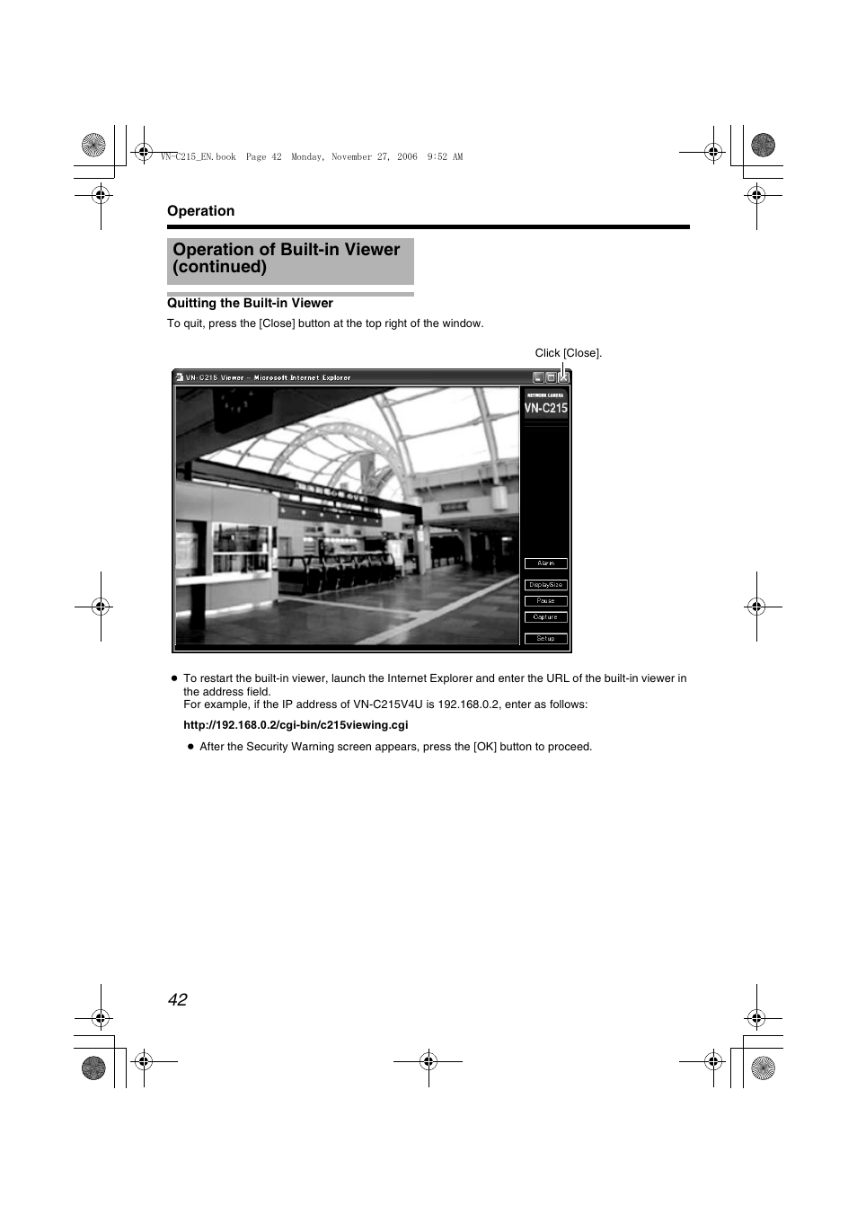 Quitting the built-in viewer, A pg. 42), Operation of built-in viewer (continued) | JVC DOME CAMERA VN-C215V4U User Manual | Page 42 / 48