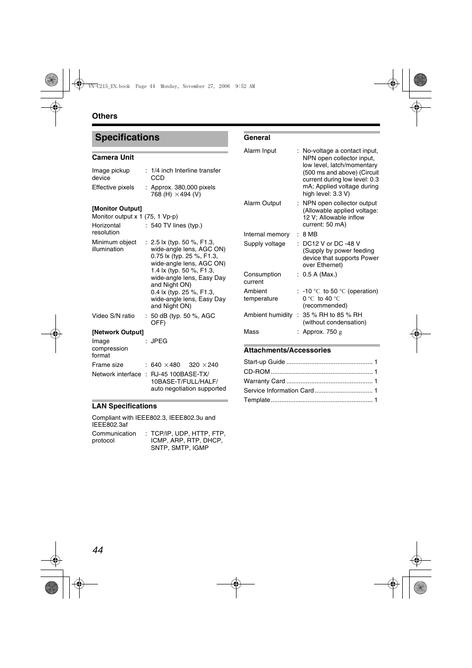 Others, Specifications, Viewer (a pg. 44) | JVC DOME CAMERA VN-C215V4U User Manual | Page 44 / 48