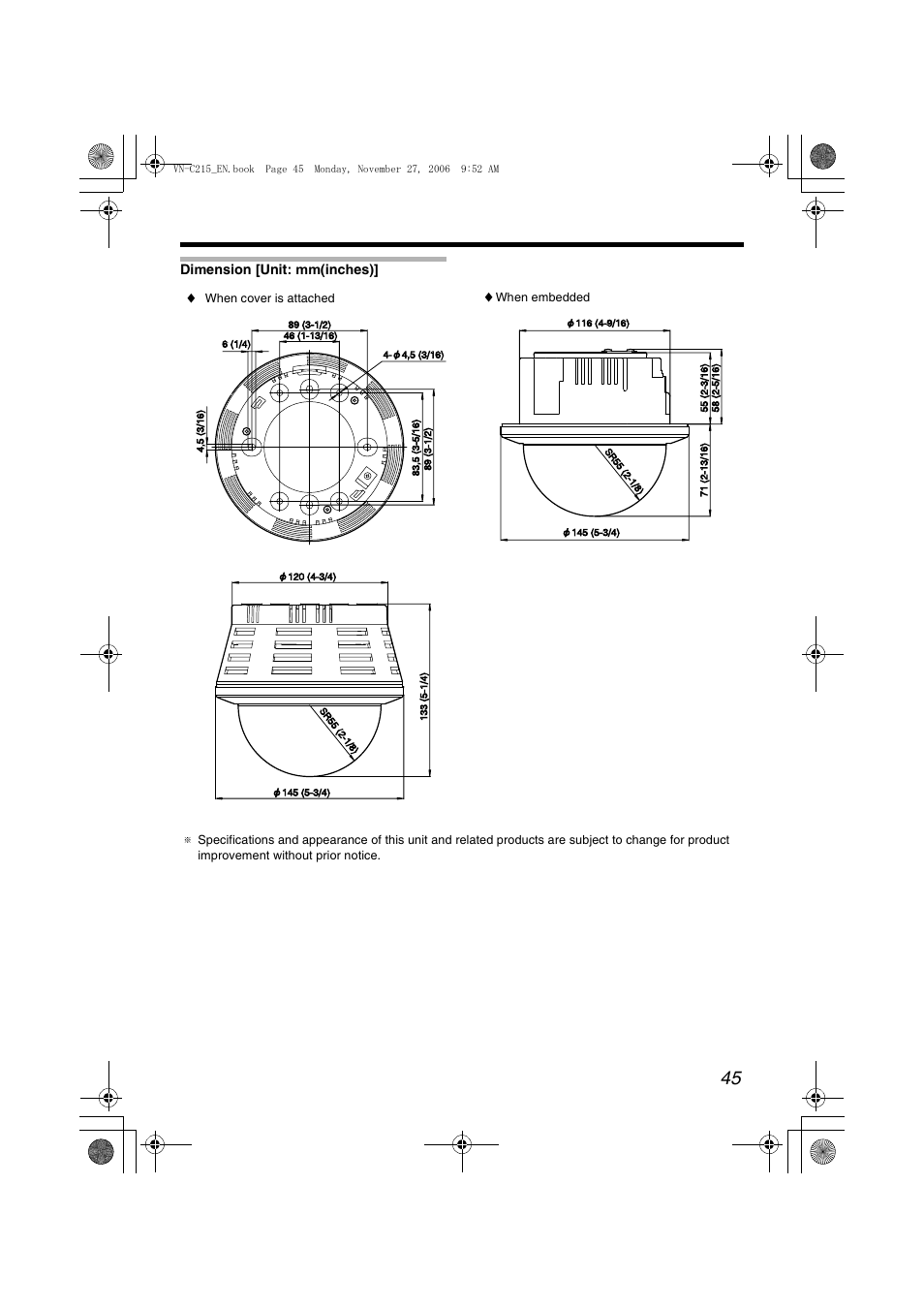 Dimension [unit: mm(inches) | JVC DOME CAMERA VN-C215V4U User Manual | Page 45 / 48