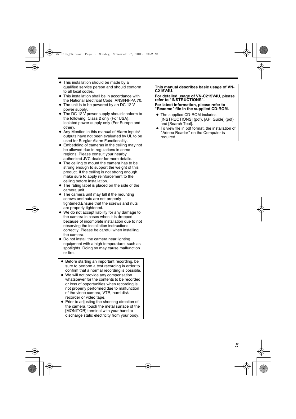 JVC DOME CAMERA VN-C215V4U User Manual | Page 5 / 48