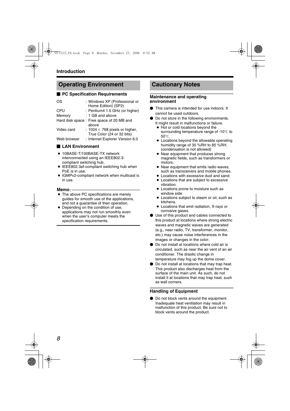 Operating environment, Cautionary notes, Operating environment cautionary notes | JVC DOME CAMERA VN-C215V4U User Manual | Page 8 / 48