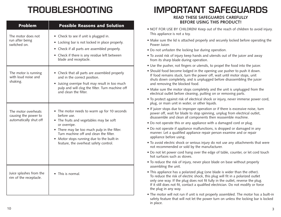 Important safeguards, Troubleshooting | Jack Lananne's Power Juicer SSMT1000 User Manual | Page 3 / 6