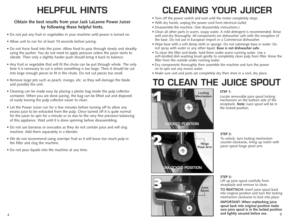 Helpful hints, Cleaning your juicer | Jack Lananne's Power Juicer SSMT1000 User Manual | Page 4 / 6