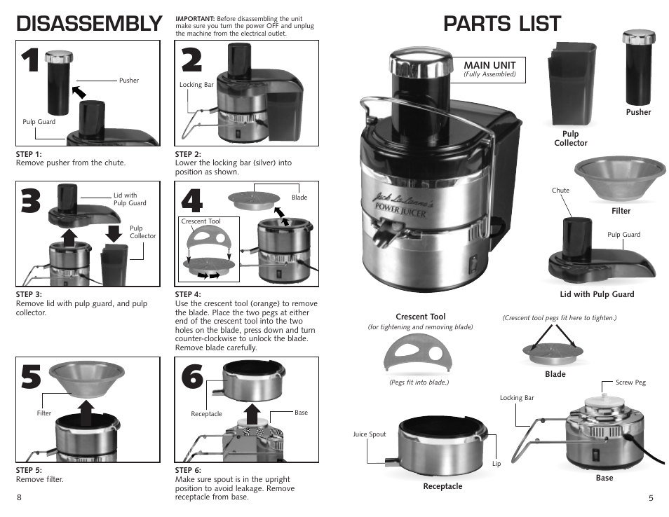 Disassembly, Parts list | Jack Lananne's Power Juicer SSMT1000 User Manual | Page 5 / 6