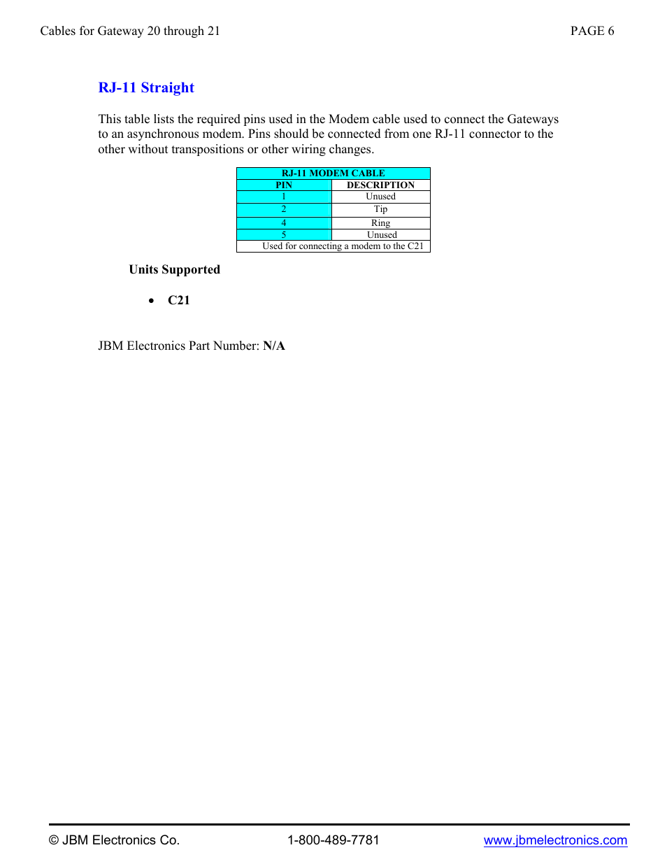 Rj-11 straight | JBM electronic C20 through C21 User Manual | Page 7 / 7