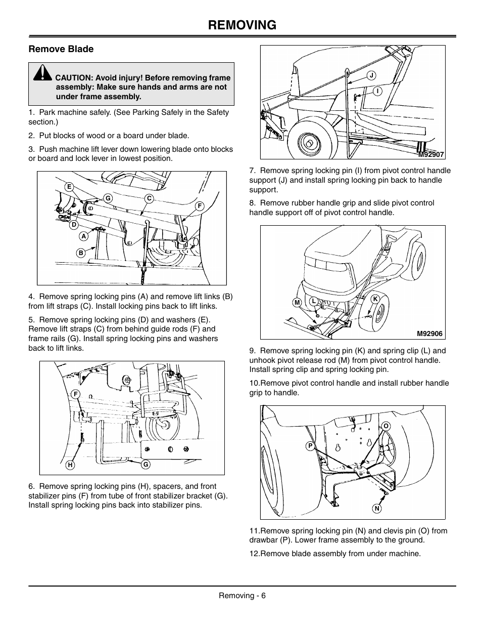 Removing, Remove blade | John Deere OMGX10902 I0 User Manual | Page 10 / 24