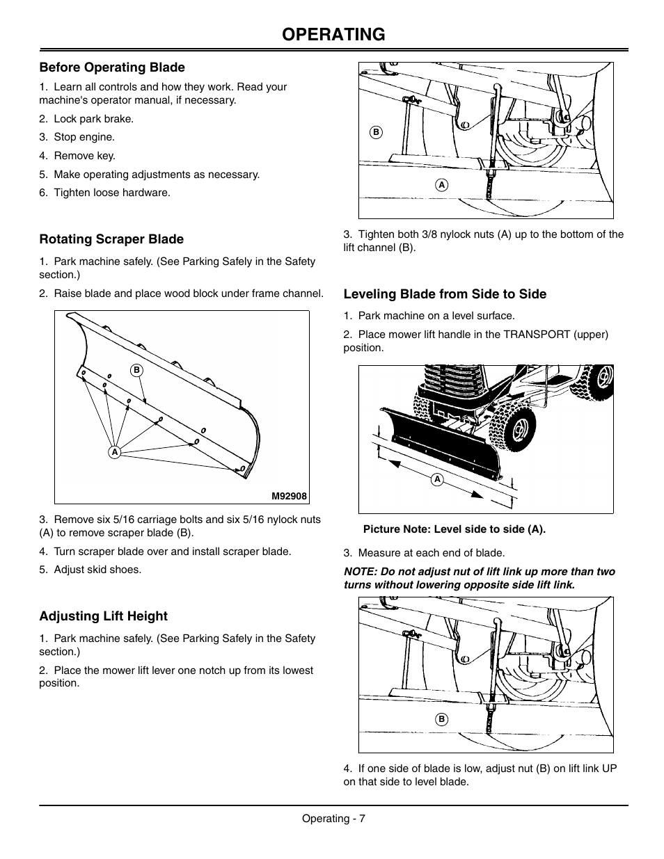 Operating, Before operating blade, Rotating scraper blade | Adjusting lift height, Leveling blade from side to side | John Deere OMGX10902 I0 User Manual | Page 11 / 24