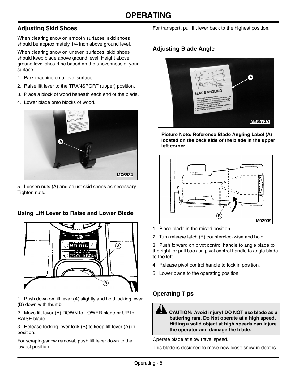 Adjusting skid shoes, Lift lever to raise and lower mower, using, Adjusting blade angle | Operating tips, Operating | John Deere OMGX10902 I0 User Manual | Page 12 / 24