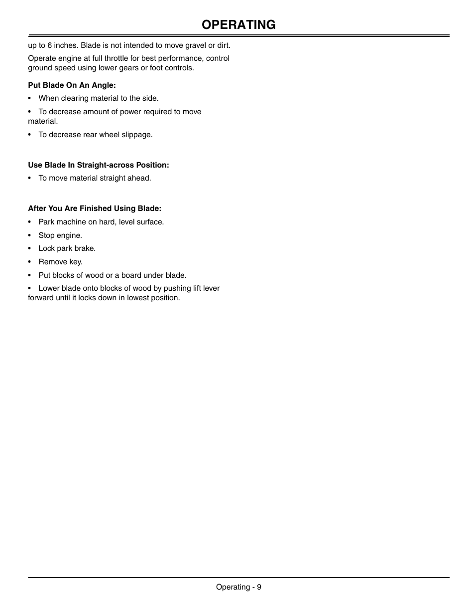 Put blade on an angle, Use blade in straight-across position, After you are finished using blade | Operating | John Deere OMGX10902 I0 User Manual | Page 13 / 24