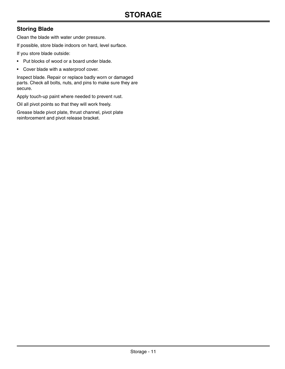 Storage, Storing blade | John Deere OMGX10902 I0 User Manual | Page 15 / 24