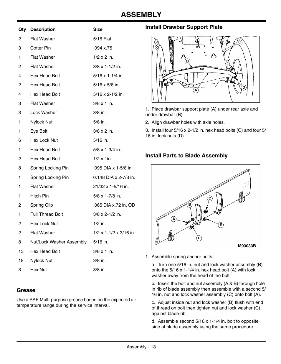 Grease, Install drawbar support plate, Install parts to blade assembly | Assembly | John Deere OMGX10902 I0 User Manual | Page 17 / 24