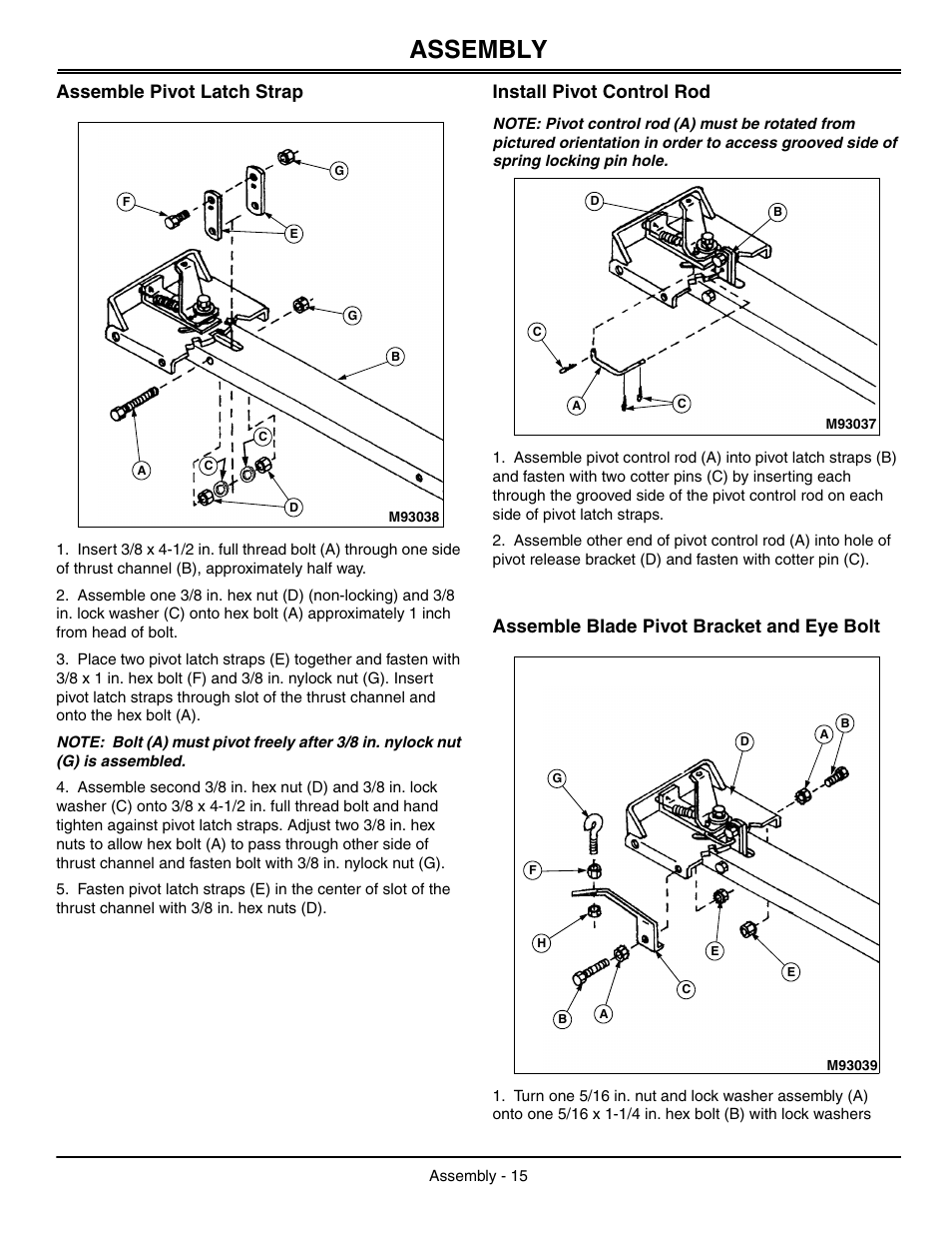 Assemble pivot latch strap, Install pivot control rod, Assemble blade pivot bracket and eye bolt | Assembly | John Deere OMGX10902 I0 User Manual | Page 19 / 24