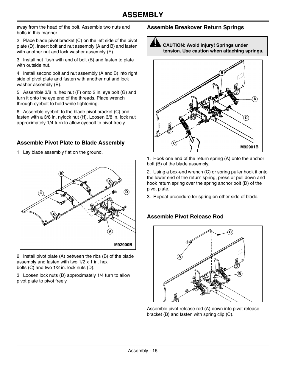 Assemble pivot plate to blade assembly, Assemble breakover return springs, Assemble pivot release rod | Assembly | John Deere OMGX10902 I0 User Manual | Page 20 / 24
