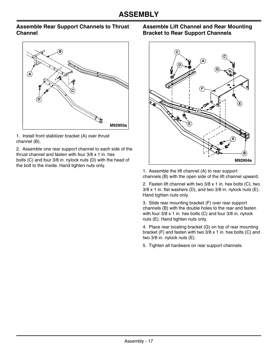 Assemble rear support channels to thrust channel, Assembly | John Deere OMGX10902 I0 User Manual | Page 21 / 24