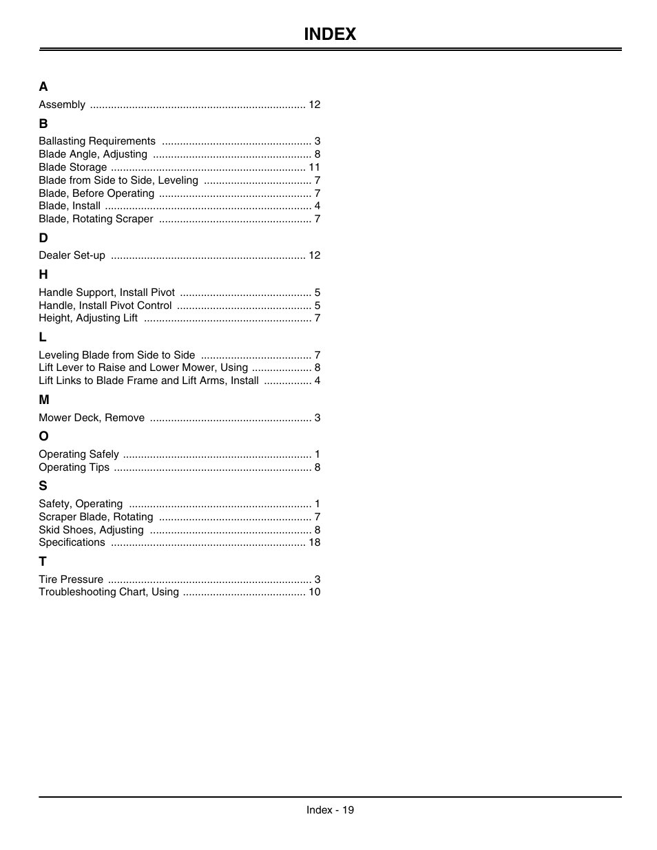 Index | John Deere OMGX10902 I0 User Manual | Page 23 / 24