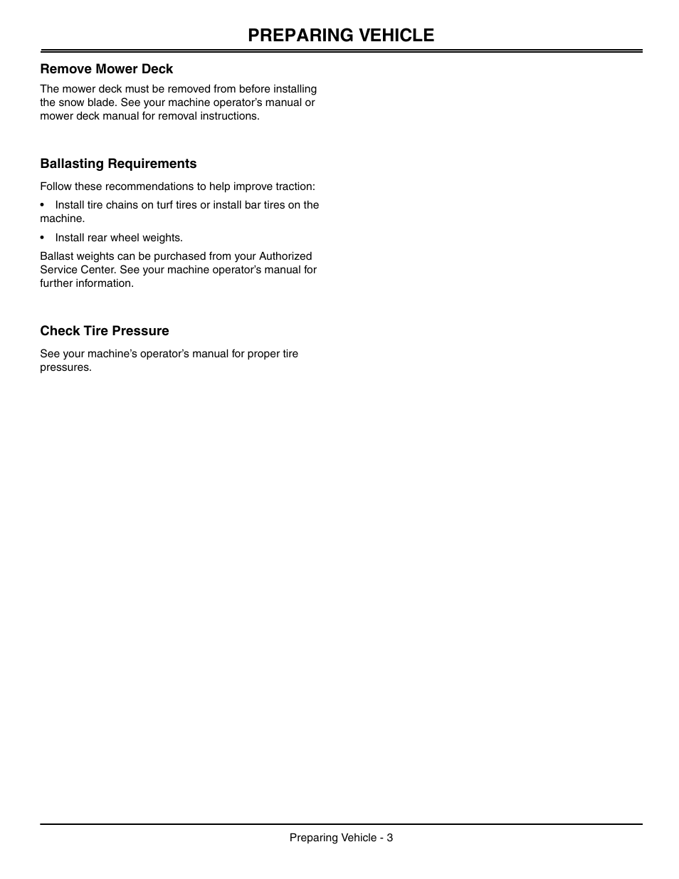 Preparing vehicle, Remove mower deck, Ballasting requirements | Check tire pressure | John Deere OMGX10902 I0 User Manual | Page 7 / 24