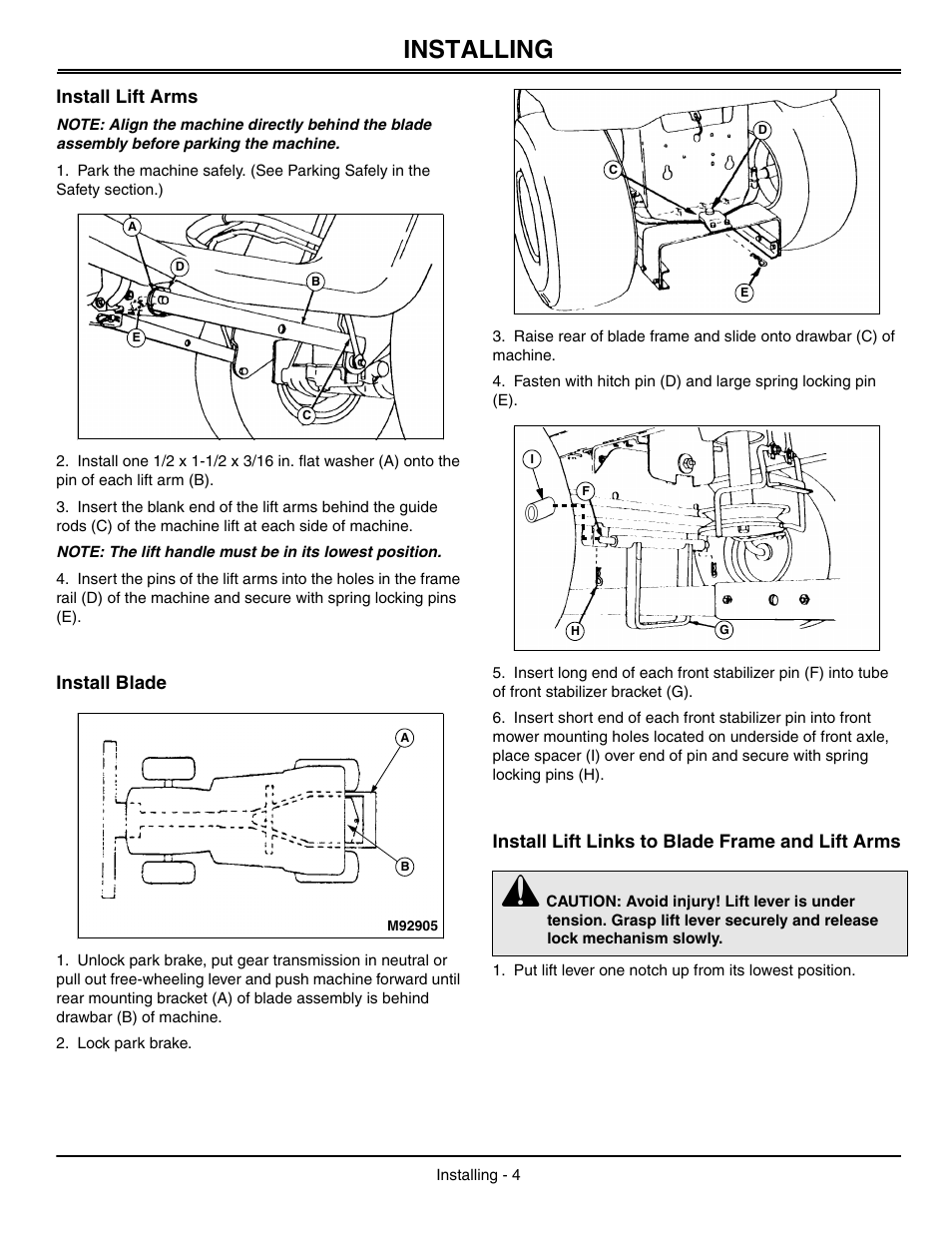 Installing, Install lift arms, Install blade | Install lift links to blade frame and lift arms | John Deere OMGX10902 I0 User Manual | Page 8 / 24
