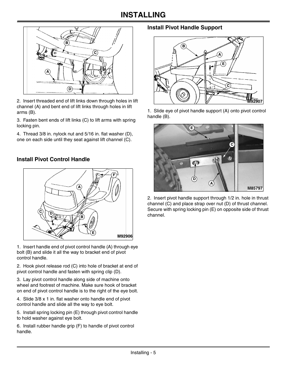 Install pivot control handle, Install pivot handle support, Installing | John Deere OMGX10902 I0 User Manual | Page 9 / 24