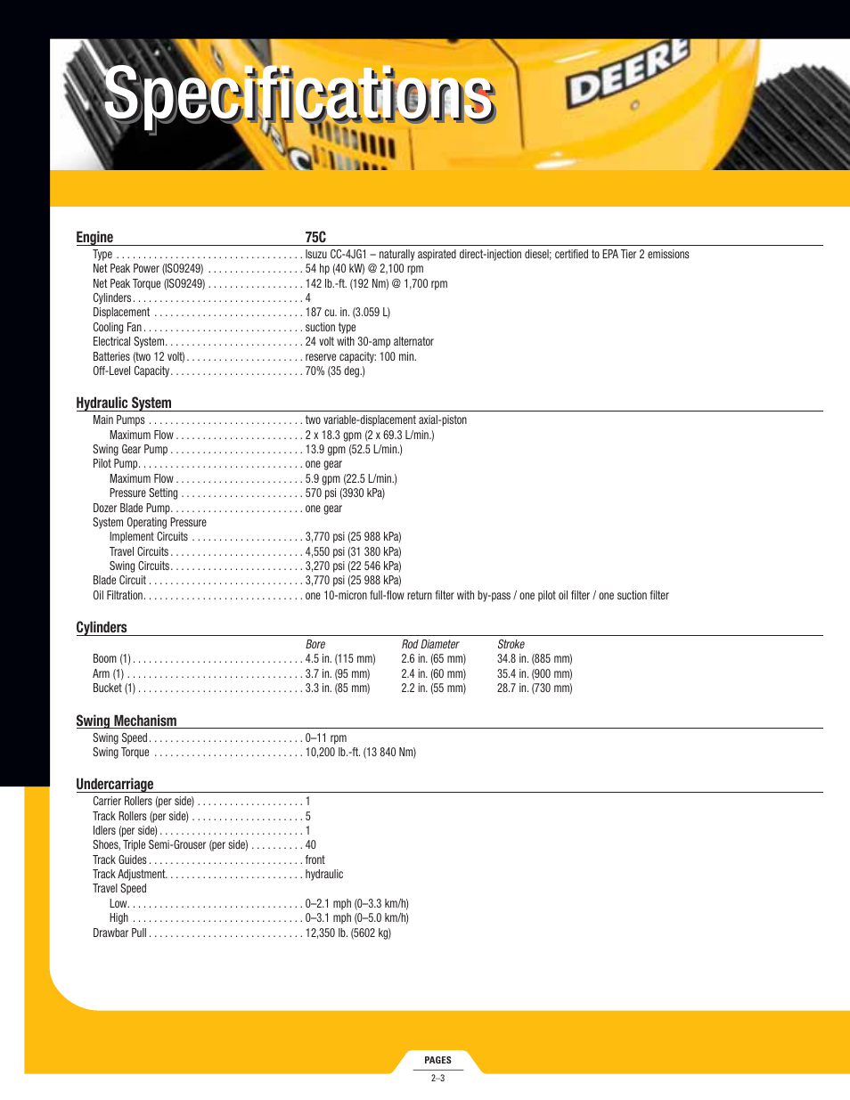 Specifications | John Deere 75C User Manual | Page 2 / 6