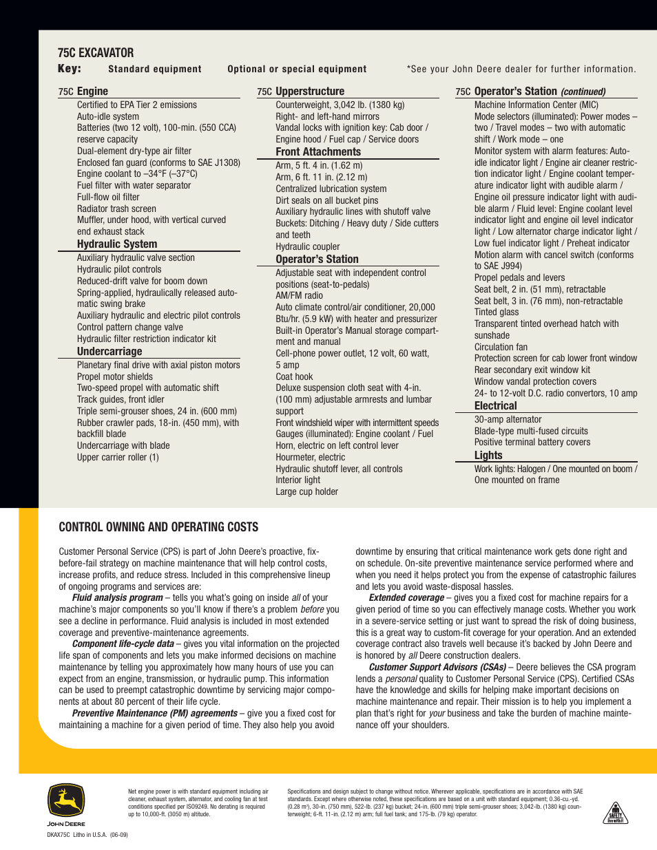 75c excavator, Control owning and operating costs | John Deere 75C User Manual | Page 6 / 6