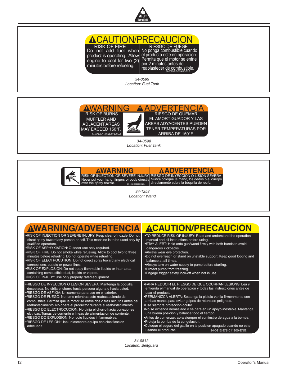 Caution/precaucion, Warning/advertencia caution/precaucion, Warning advertencia | John Deere GP-2700GH User Manual | Page 12 / 64