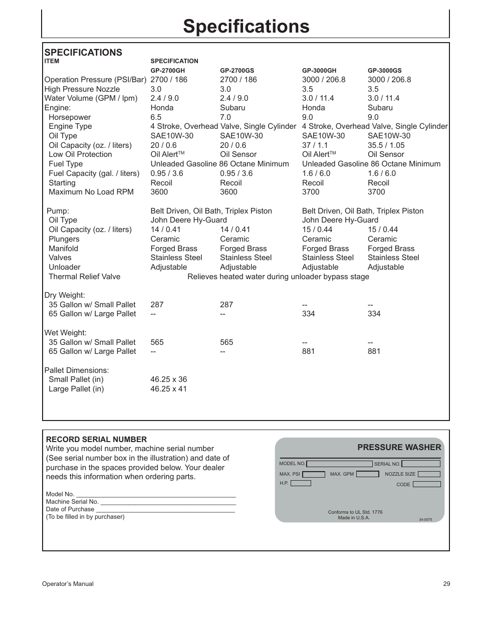 Specifications | John Deere GP-2700GH User Manual | Page 29 / 64