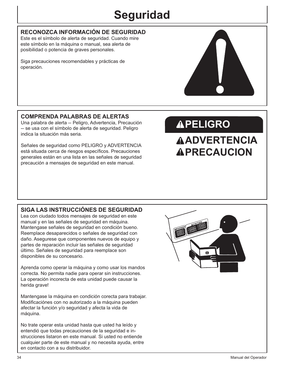 Seguridad, Peligro advertencia precaucion | John Deere GP-2700GH User Manual | Page 34 / 64