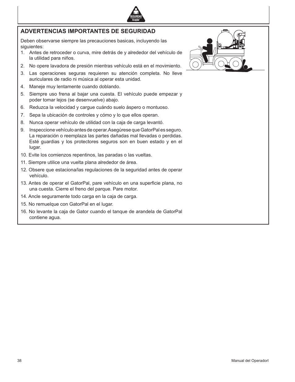 Advertencias importantes de seguridad | John Deere GP-2700GH User Manual | Page 38 / 64