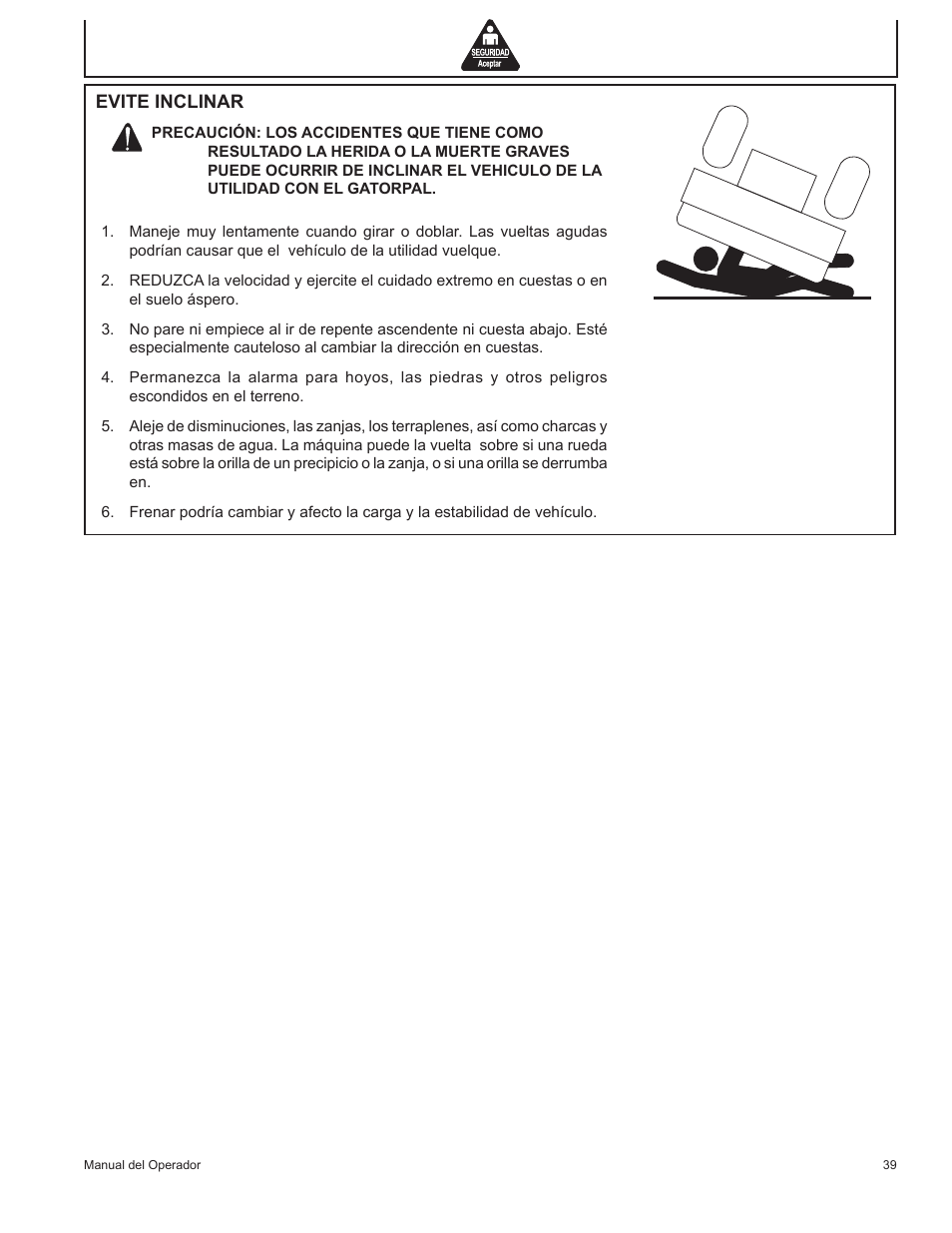 Evite inclinar | John Deere GP-2700GH User Manual | Page 39 / 64