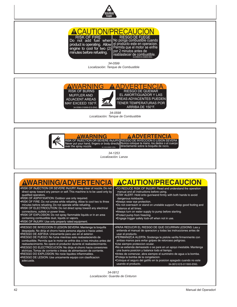 Caution/precaucion, Warning/advertencia caution/precaucion, Warning advertencia | John Deere GP-2700GH User Manual | Page 42 / 64