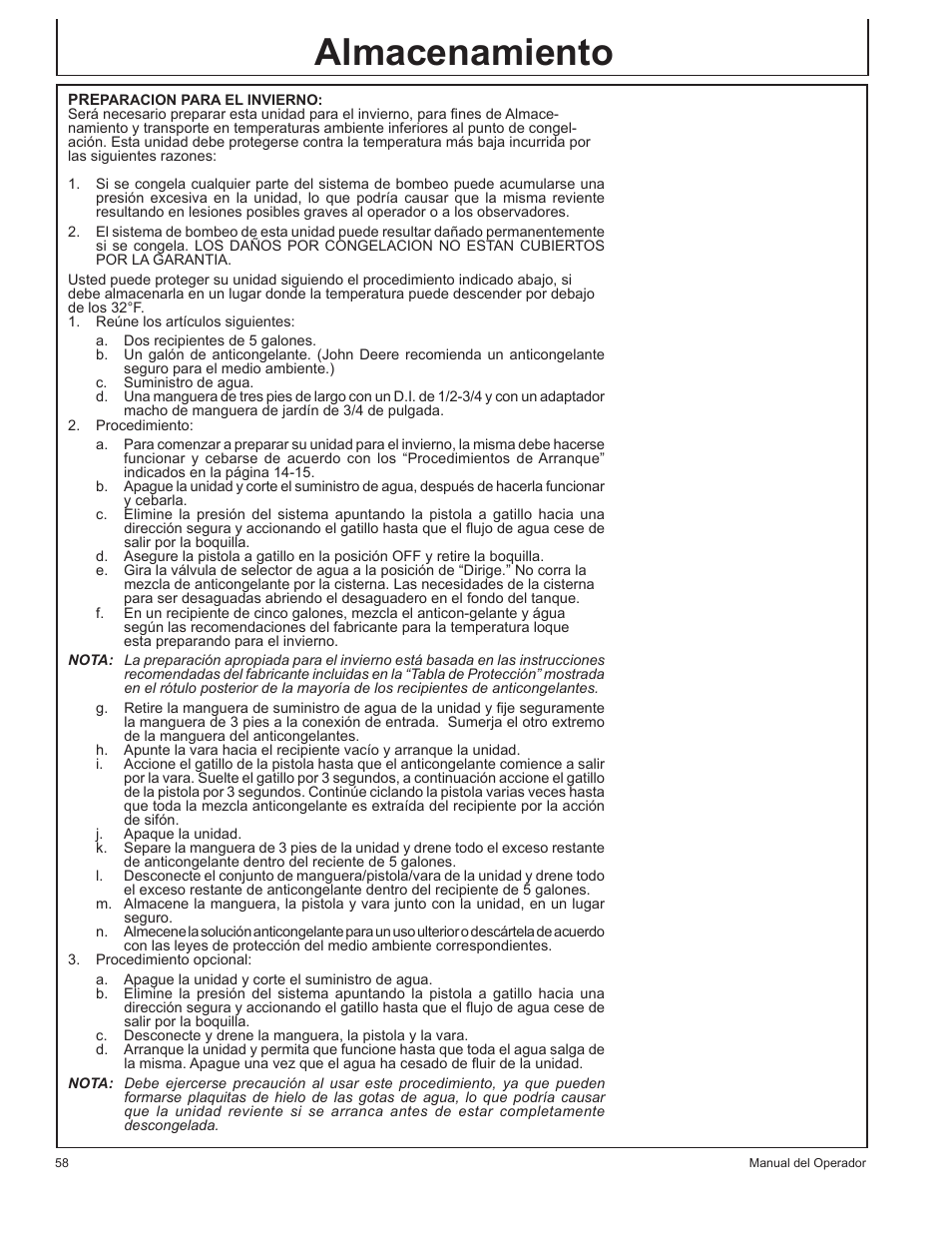 Almacenamiento | John Deere GP-2700GH User Manual | Page 58 / 64