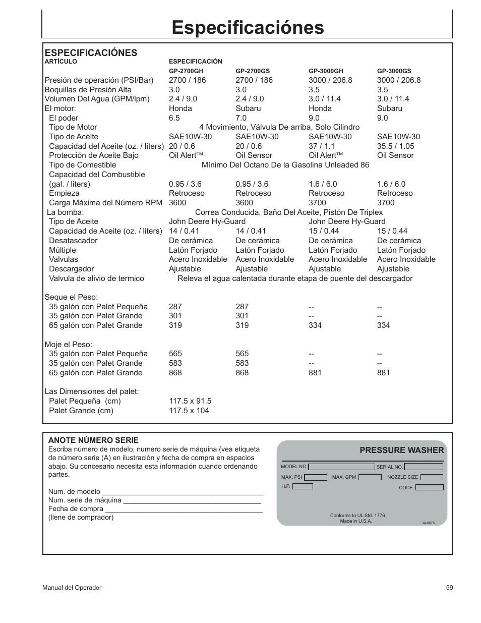 Especificaciónes | John Deere GP-2700GH User Manual | Page 59 / 64