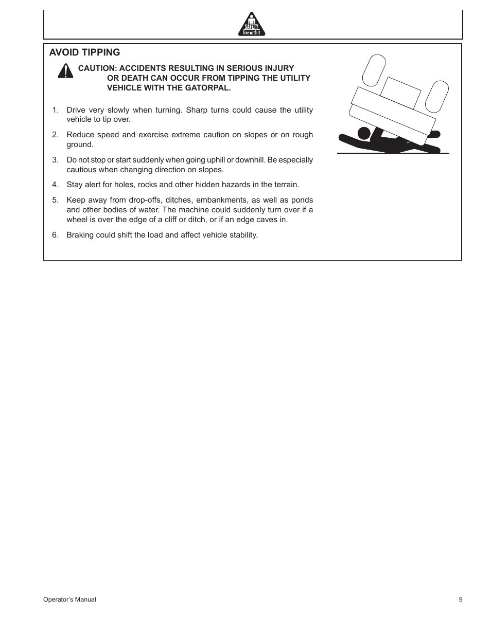 Avoid tipping | John Deere GP-2700GH User Manual | Page 9 / 64