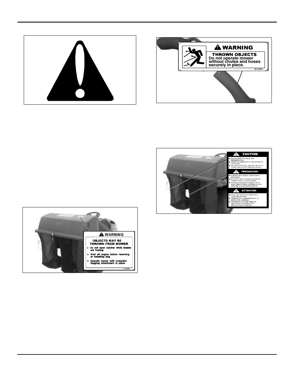 Safety, Understanding the machine safety labels, Warning: objects may be thrown from mower | Warning: thrown objects, Caution, Bagging safely | John Deere OMGX20927 User Manual | Page 5 / 28