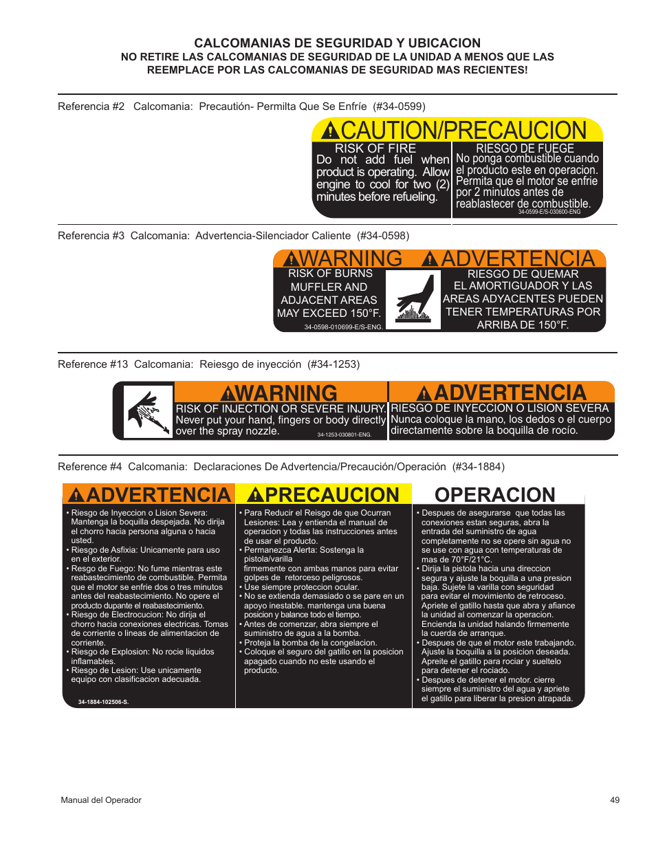 Caution/precaucion, Warning advertencia, Advertencia precaucion | Operacion, Calcomanias de seguridad y ubicacion | John Deere HR-2410GH User Manual | Page 29 / 40