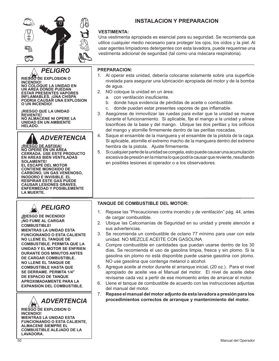Advertencia, Peligro, Instalacion y preparacion | John Deere HR-2410GH User Manual | Page 30 / 40