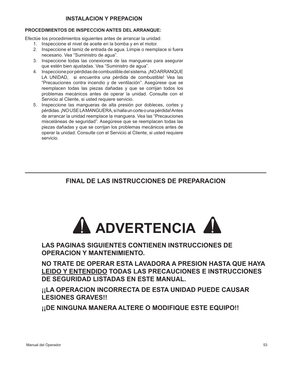 Advertencia, Final de las instrucciones de preparacion | John Deere HR-2410GH User Manual | Page 33 / 40