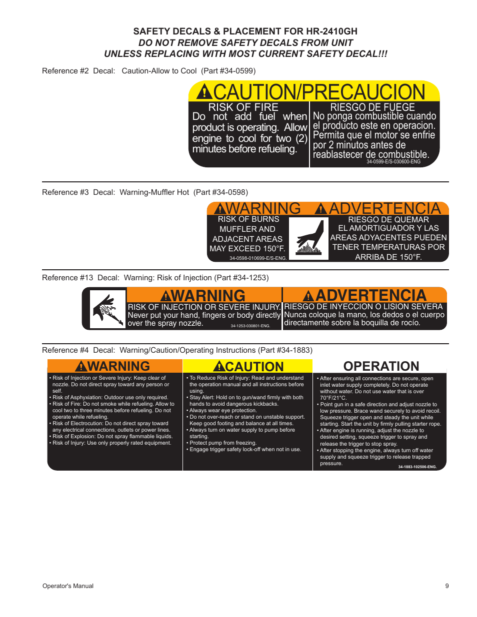 Caution/precaucion, Warning advertencia, Warning caution | Operation | John Deere HR-2410GH User Manual | Page 9 / 40